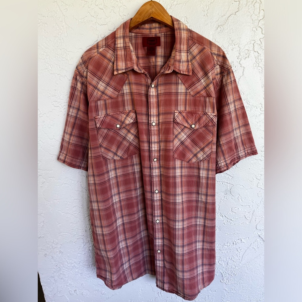 Foundry Shirt Mens XLT Red Blue Plaid Pearl Snap Short Sleeve Western